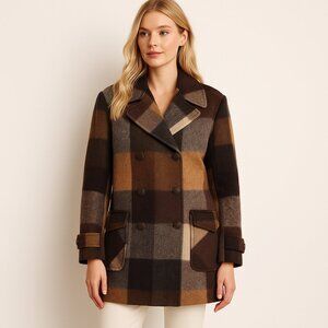 Vintage Europe Craft Belgium Wool Linen Plaid Coat Double Breasted Brown Check M